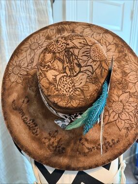 Boho Sunflower Leather-Look Brown Hat with Turquoise Accents